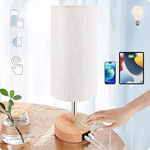 Yarra-Decor Bedside Lamp with USB A+C Port - Touch Control Table Lamp for Bedroom Wood 3 Way Dimmable Nightstand Lamp with Round Flaxen Fabric Shade for Home Office (LED Bulb Included) by Yarra-Decor