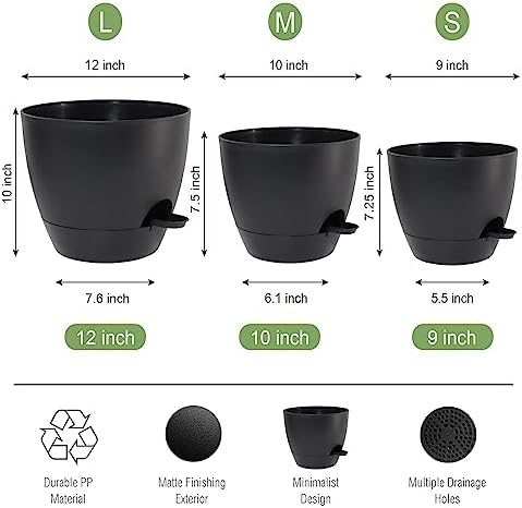 UOUZ Large Self Watering Pots, 12/10/9 Plastic Planters with High Drainage Holes and Deep Reservoir for Indoor Outdoor Garden Plants and Flowers, Black - Image 2