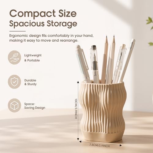 Aesthetic Desk Organizer Boho Pen Holder Modern Pencil Holder Beige Plastic Makeup Brush Organizer for Office Desk Accessories Stylish Home Office Art Decor Supplies(Stylish) - Image 2