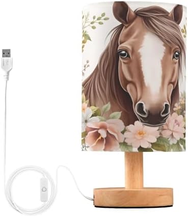 ALAZA Horse Flower Watercolor Lamp for Girls Boys Bedroom Bedside Table Lamp with USB Port LED Kids Nightstand Lamp Wood Base Desk Living Room Decor by ALAZA