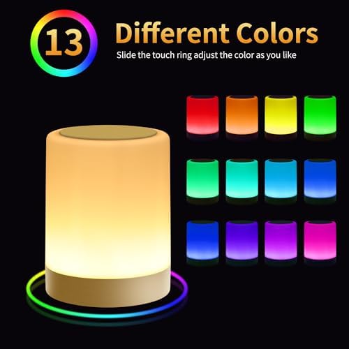 OORUN Touch Bedside Table Lamp,13 RGB Colors & 5 Brightness, USB Rechargeable Desk Lamp, Remote Control Dimmable Light with RGB Color Changing,Portable Lamp for Baby (Gold) - Image 3