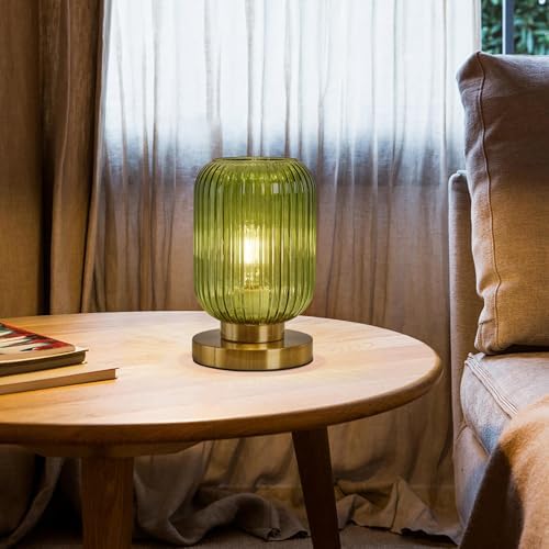 Green Glass Table Lamp,Vintage Gold Base Ribbed Bedside Lamp - Image 2