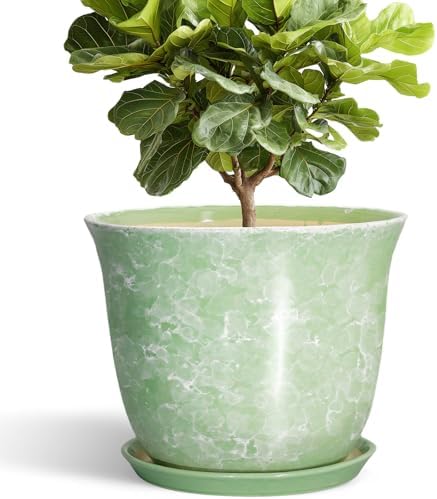 12 Inch Pots for Plants - Ceramic Plant Pots with Drainage Hole and Saucer, Large Round Planter for Indoor Outdoor, Modern Flower Pot, Decorative Planters, Garden Decor, Garden Gifts, Green by SUNPOTFOR