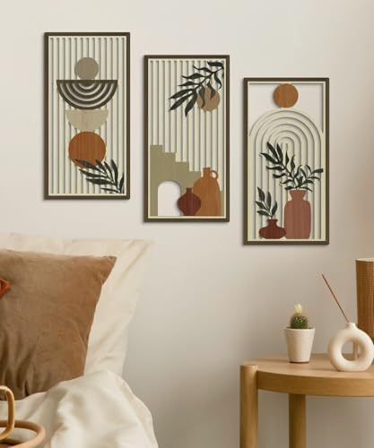 Putuo Decor Boho Wall Art Set of 3, Abstract Geometric Wooden Wall Decor, Mid-Century Modern Aesthetic Artwork with Arch, Vase & Botanical Design for Living Room, Bedroom, Office, 16.5 x 8.6 Inch - Image 5