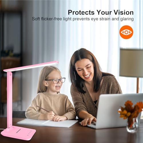 White crown LED Desk Lamp Dimmable Table Lamp Reading Lamp with USB Charging Port, 5 Lighting Modes, Sensitive Control, 30/60 Minutes Timer Pink (Pink, First-Generation) - Image 7