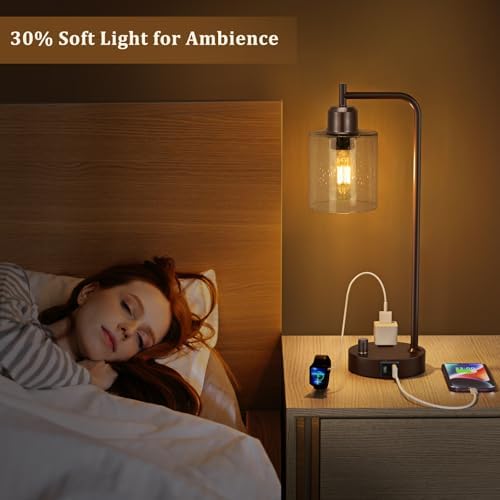 Innqoo Brown Industrial Bedside Table Lamp for Bedroom - Nightstand Lamps with USB C Charging Port, Fully Dimmable Black Ports and Outlets, Small Desk Glass Shade Office Living Room - Image 6