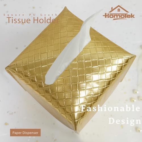 HOMOTEK 2 Pack Tissue Box Cover, Square PU Leather Tissue Holder, Decorative Facial Tissue Cube Paper Organizer Dispenser for Bathroom, Night Stands, Desk, Car 5X5X5'' - Woven Waffle, Brass - Image 2