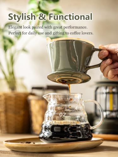 Gomakren Ceramic Pour Over Coffee Dripper, 3-Hole Cone Brewer, Olive Green - Image 4