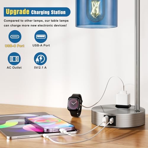 Innqoo Industrial Blue Table Lamps for Bedrooms Set of 2-3-Way Dimmable Desk Lamp with USB C+A Ports and Outlet, Nickel Lamps with Green Glass Shade for Living Room - Image 3