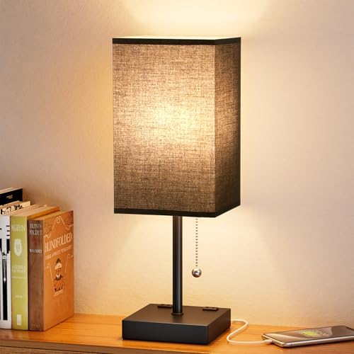 Black Lamp for Bedroom - 3 Color Temperatures, USB A+C, 2 AC Outlets by Aooshine