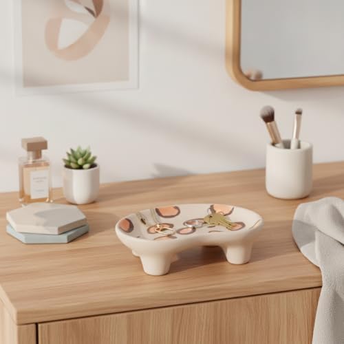 Vanity Tray Ceramic, Irregular Organic Shape Catchall Dish for Jewelry Keys Rings, Modern Decorative Accent for Nightstand Bathroom Counter Desk, White Brown - Image 2