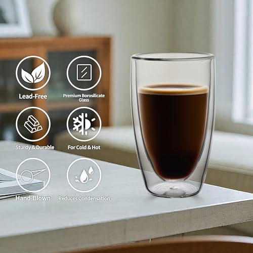 NIRA.Z 2 Pack 16oz Double Wall Glass Coffee Mugs, No Hole Bottom, Insulated Borosilicate Glass Coffee Cups, Clear Mugs for Hot & Cold Beverages, Perfect for Espresso, Latte, Tea, Cappuccino - Image 5