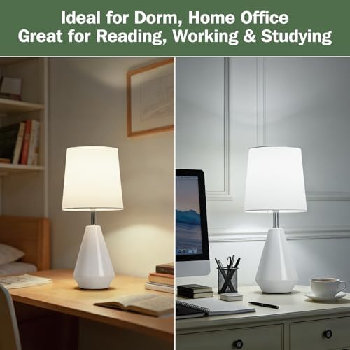 Small Bedside Table Lamp for Bedroom - Reading Desk Lamp with 3 Color Temperatures，15.5" Nightstand Ceramic Lamp with Fabric Shade for Kids Room,Living Room,Dorm,Home Office (White) - Image 3
