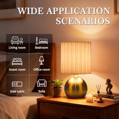 Ziqqeelam Gold Small Table Lamp with Scalloped Linen Shade, Mini Brass Gold Table Lamp for Bedroom Nightstand, Cute Desk Night Light for Living Room, Bookshelf, Kitchen Counter, Kids Room, Office - Image 3