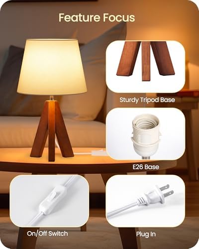 Small Tripod Table Lamps Set of 2, Modern Nightstand Lamp with Fabric Shade, Boho Bedside Wood Desk Light for Bedroom, Kids Room, Living Room, Office, Study, Dark Wood and White, LW51TLP205 - Image 3