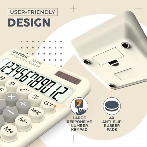 CATIGA Mechanical Switch Calculator with Solar and Battery Dual Power, 12-Digit Large LCD Display, Aesthetic and Cute Desktop Calculator with Big Button, for Home, School and Office Use, SD-1299 - Image 5