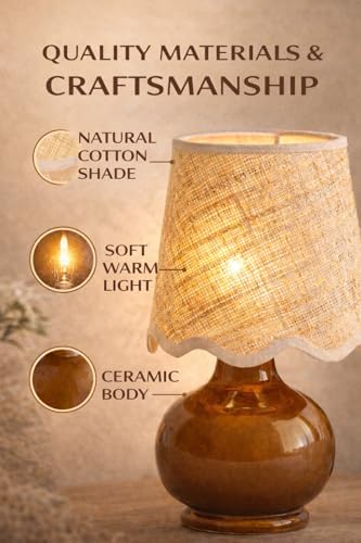 Benton Ceramic Table Lamp with Fabric Shade – 13" Bedside Accent Lamp for Bedroom, Living Room & Nightstand (Brown) - Image 4
