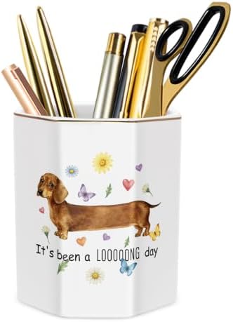 Pen Holder for Desk Ceramic, Desk Organizer for Office, Dachshund by WAVEYU