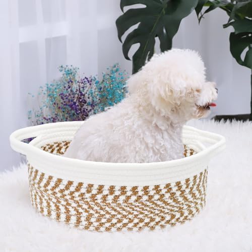 ABenkle Small Basket with Handles, Boho Decorative Rope Woven Dog Cat Toy Storage Bin Shelf Storage Organizer, Easter Christmas Gift Basket, 12"x8"x5" - Image 4