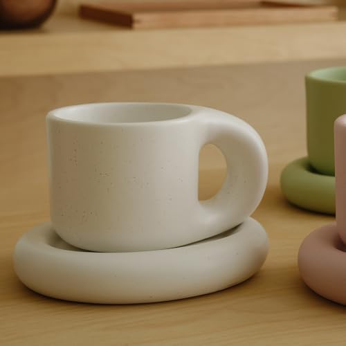 WENSHUO Ceramic Coffee Mug with Saucer, Cute Chubby Cup, 9 oz,Nacre White - Image 2