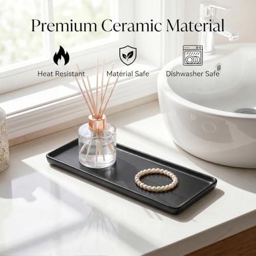 8″ x 3.7″ Ceramic Vanity Tray, Decorative Rectangular Organizer for Bathroom Countertop, Dresser Top, Kitchen & Bathtub, for Soap, Perfume, Candle, Jewelry & Cosmetics (Black) - Image 5