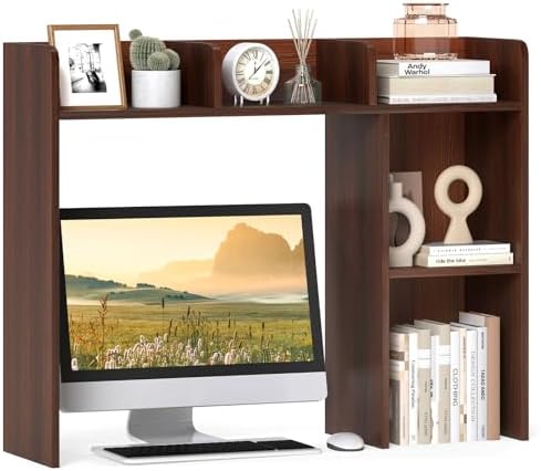 GIANTEX Desktop Bookshelf, Wood Desk Hutch Organizer for 27 Inch Computer Monitor, Countertop Storage Display Rack with 5 Shelves, Multipurpose Desktop Shelf Bookcase for Dorm Office Home, Walnut by Giantex