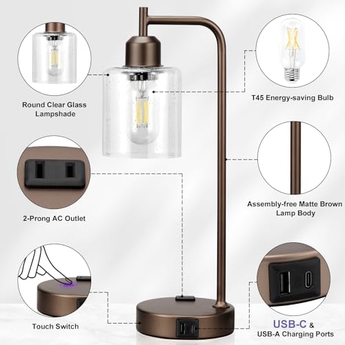 Innqoo Industrial Touch Table Lamps - 3-Way Dimmable Desk Lamps Set of 2 with USB C+A Ports and Outlet, Brown Bedside Lamps with Clear Glass Shade for Living & Bedrooms - Image 3