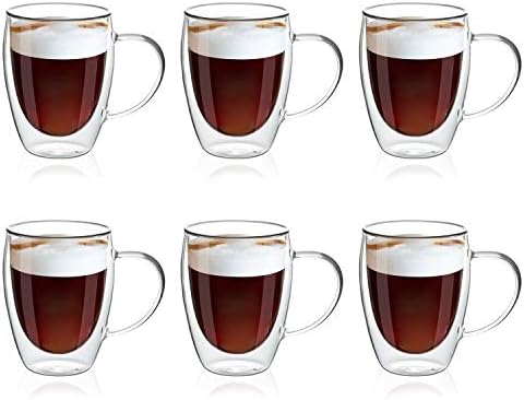 MEWAY 12oz/6 pack Coffee Mugs,Clear Glass Double Wall Cup with handle for Coffee, Tea, Latte, Cappuccino (12 oz，6) by MEWAY