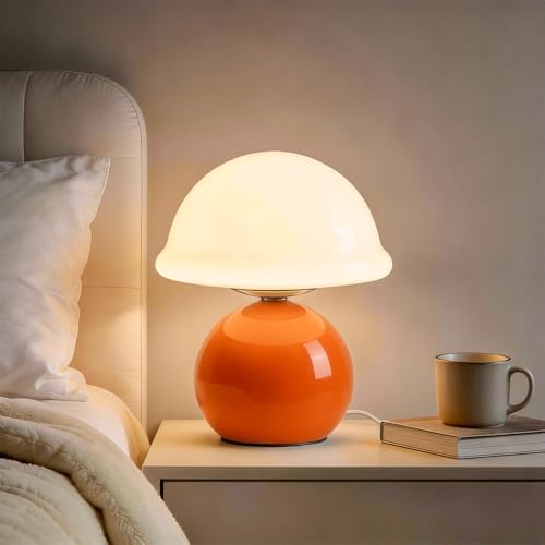 Glass Mushroom Lamp, Dimmable Bedside Table Lamp (Orange) by Komothala