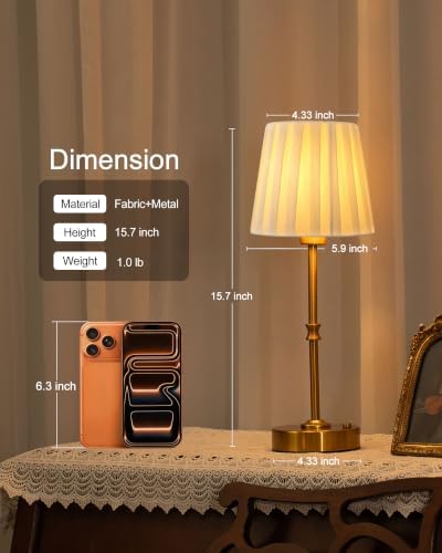 EppieBasic Cordless Table Lamp Rechargeable: Fast Charging & Long Lasting - 2700K Warm Light Small Vintage Gold Lamps -Bedside Dinning Living Room Bedroom - Pleated Shade - Image 3