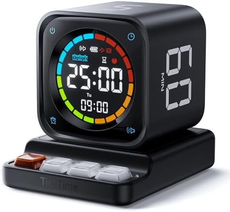 TK3 Pomodoro Timer Cube, Desk Productivity Timer with 5/10/30/60 Min Presets, Custom Countdown, Stopwatch, Clock, 3 Alarm, Silent, Vibrate & Sound Mode, for Task, ADHD, Study, Kitchen (Obsidian Black) by TickTime