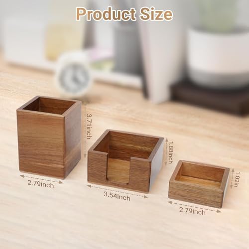 RAWILL 3 PCS Brown Wooden Desk Organizer Set Pine Wood Office Desk Accessories with Pen Holder, Paperclip Storage and Sticky Note Holder, Wood Grain Clear, Ideal Gift for Office and Family - Image 3