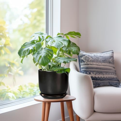 Ceramic Flower Pot 8 Inch - Modern Round Planter for Indoor Outdoor Plants with Drainage Hole and Saucer, Home House Room Office Patio Decor, Black - Image 7