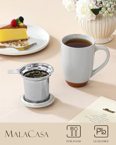 MALACASA Ceramic 18 oz Tea Mug with Lid and Infuser, Khaki Gray - Image 3