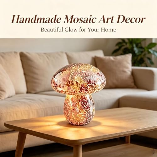 Mosaic Mushroom Table Lamp, Handmade LED Night Light,Orange - Image 5