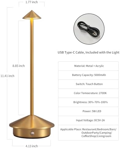 Modern Cordless Table Lamp Set of 2, Gold Portable LED Desk Lamps - Image 5