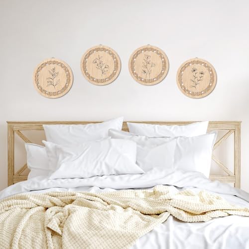 HPNIUB Minimalist Floral Wall Decor, Farmhouse Line Botanical Hanging Wooden Sign Wall Art, 4 Pieces 9.8''x9.8'' Aesthetic Flowers Leaf Wood Plaque, Modern Neutral Pictures for Living Room Office - Image 6