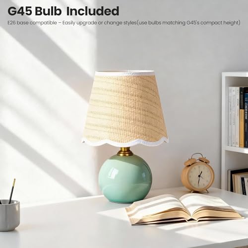 11.4" Green Ceramic Small Table Lamp with Scalloped Wavy Shade - Image 4