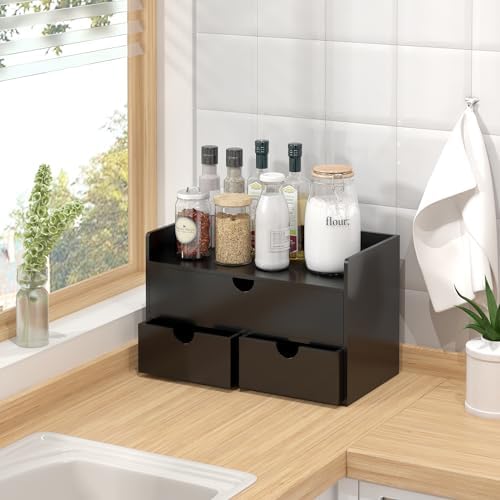 Bamboo Desk Organizer with Drawers Desktop Storage Drawers for Bills Office Supplies Kitchen Utensils Organizing Tool for Home Classroom Organization No Assembly (Black with Shelf) - Image 2