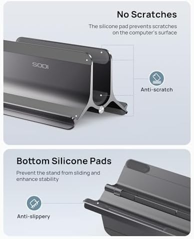 SODI Vertical Laptop Stand for Desk, Aluminum Laptop Holder Compatible with MacBook Pro, MacBook Air Stand Up to 17 inch, Gravity Auto-Lock Cooling, 3in1 Space Saving Desk Organizer Accessories, Gray - Image 4