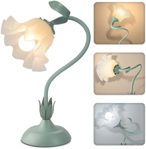 Women Bedside Table Lamps for Bedroom, Cute Flower Desk Lamp With Adjustable Flexible Gooseneck, 3 Color Temperatures Nightstand Lamp with E26 LED Bulbs, Floral Lamp for Living Room, Office ,Reading by Larnix