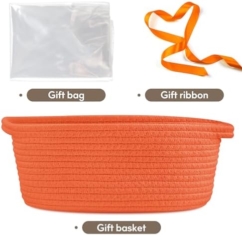 Pro Goleem Small Woven Basket with Gift Bags and Ribbons Durable Baskets for Gifts Empty Small Rope Basket for Storage 12"X 8" X 5" Baby Toy Basket with Handles, Orange - Image 4