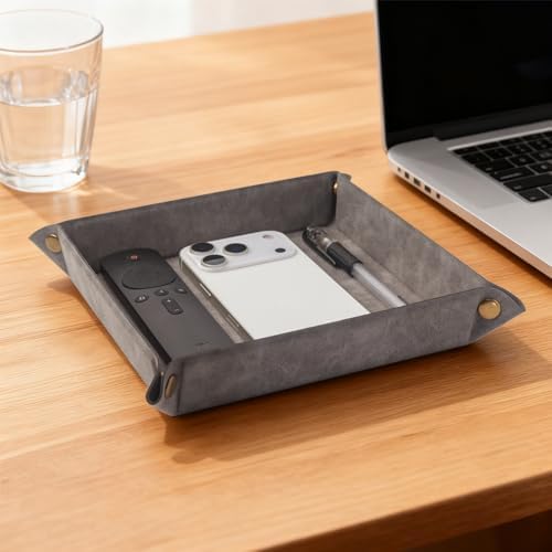 Valet Tray Desktop Storage Organizer – Premium PU Leather Catchall Bedside Vanity Tray Nightstand Caddy Holder for Remote Controller, Keys, Phone, Wallet, Coin, Jewelry,Grey - Image 6