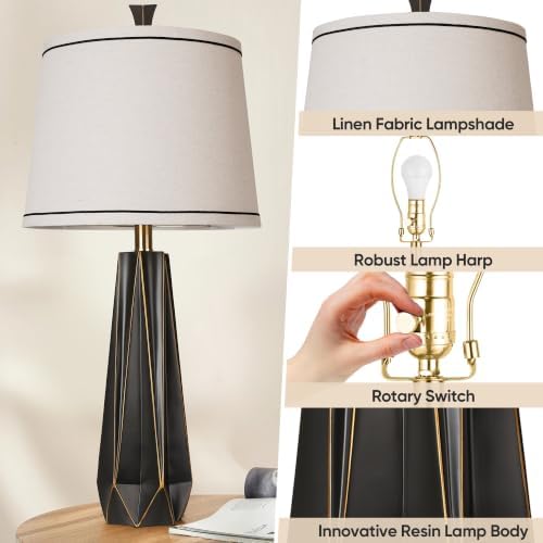 27" Black Gold Rim Resin Table Lamp, Modern Desk Lamps, 3 Color Temperature - Image 3