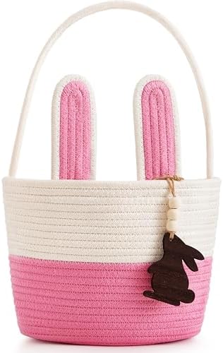 Pro Goleem Easter Basket for Kids, Adorable Woven Egg Hunt Bucket with Handle, Soft First Easter Gift Tote Bag, Nursery Toy Storage Bin with Tag(Pink) by ProGoleem