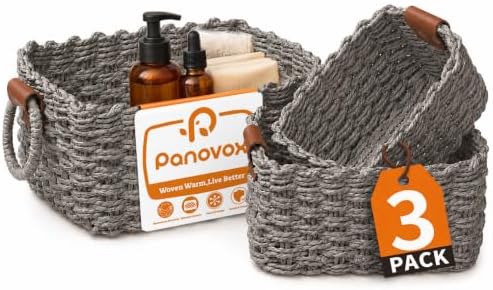 Small Wicker Baskets, 3 PCS Paper Rope Baskets for Shelves, Gray by Panovox