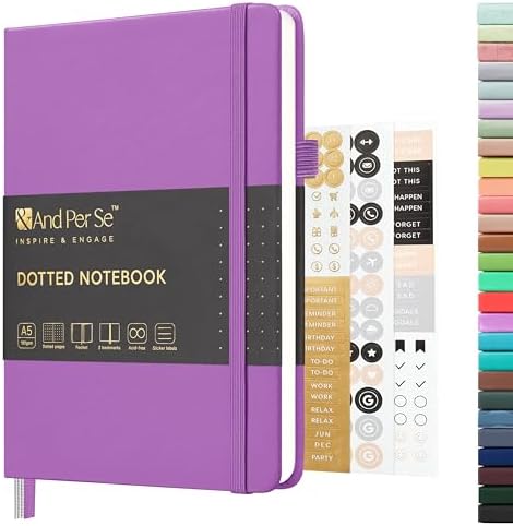 &And Per Se Dotted Journal Notebook, A5 Hardcover Leather Dotted Journal, 160 Pages 100gsm Thick Dot Grid Paper, 3 Sheets of Stickers Included - 5.7'' x 8'' (Violet) by AndPerSe