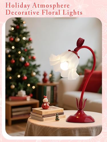 Flower Table Lamp, LED Reading Light Bedside Vintage Night Light (Red) - Image 5