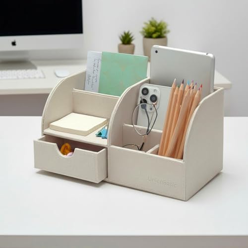 UnionBasic Desk Organizer - Multifunctional Leather Desktop Pen Holder Storage Box - Business Card/Pen/Pencil/Mobile Phone/Stationery Holder, Beige - Image 5