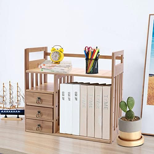 Bamboo Desktop Bookshelf Organizer, Double Layer Countertop Book Shelf with 3 Drawers, Desk Hutch Bookcase Organizer Display Shelf Rack for Office Home - Image 4